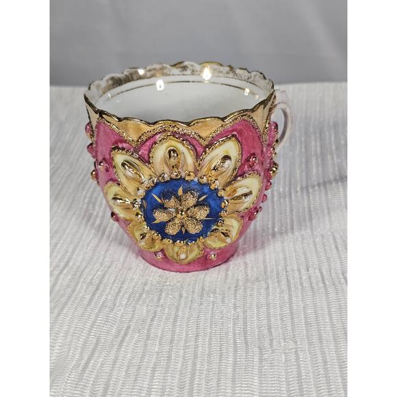 Vintage Ornate Pink & Gold Porcelain Demitasse Cup Hand-Painted Floral Design! - Picture 10 of 10